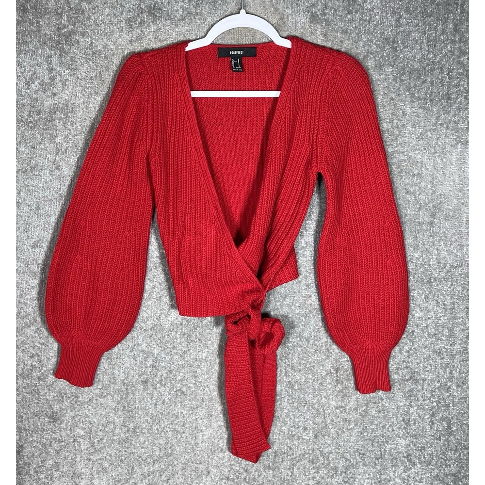 Forever 21 Chunky Knit Wrap Sweater Top Womens Sz Small Red V-Neck Puff Sleeve